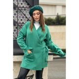 New Laviva Kadın Yeşil Kruvaze Yaka, Yandan Bağlama Detaylı, Yırtmaçlı Kaşe Ceket - 36