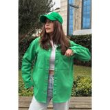 New Laviva Kadın Yeşil Uzun Kol, Çift Cep, Arkası Pliseli, Eteği Oval Kesim, Yırtmaçlı, Gabardin Gömlek Ceket - 40