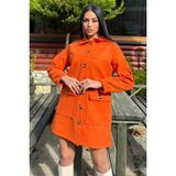 New Laviva Oranj Düğme Detaylı Kapaklı Cep, Midi Polar Kaşe Ceket - 38
