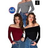 New Now 3' lü PAKET Madonna Yaka Fitilli Kaşkorse Bluz Uzun Kollu Esnek Basic Üst