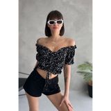New Now Çiçek Desenli Madonna Yaka Önden Büzgülü Bürümcük Kumaş Yazlık Crop Bluz