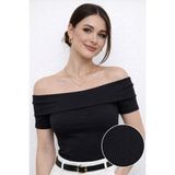 New Orginal Kadın Fitilli Madonna Yaka Esnek Bluz - Siyah - XL