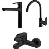 Newarc Domino Siyah Banyo Evye Çanak Lavabo Bataryası Set 971511B-971001B