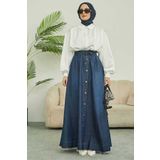 Neways 2215-Denim Mevlana Düğmeli Etek Koyu Mavi
