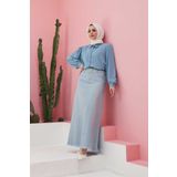 Neways 2252-Denim Püsküllü Etek Açık Mavi