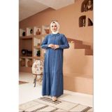 Neways 6425-Denim Büzgülü Katlı elbise Mavi