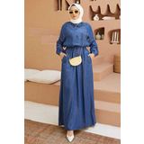 Neways 6501-denim Reglan Kollu Cepli Elbise Koyu Mavi