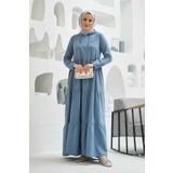 Neways 6531-Denim Kapşonlu Reglan Kollu Elbise Mavi