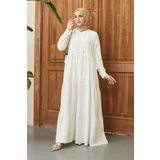 Neways 6531-Krep Kapşonlu Reglan Kollu Elbise Beyaz