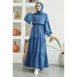 Neways 6567-CARLA Büzgülü Elbise Indigo - 42 - İndigo