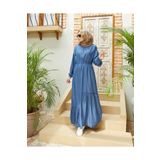 Neways 6570-denim Asimetrik Büzgülü Elbise Koyu Mavi