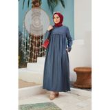 Neways 6598-denim Büzgülü Elbise Koyu Mavi