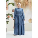 Neways 6616-denim Nervürlü Fırfırlı Elbise Koyu Mavi