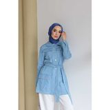 Neways Kuşaklı Kısa Ceket Kadın Mavi Denim Normal Kalıp Cepli Günlük Stil - 44
