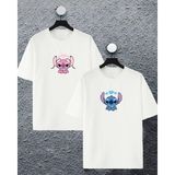 Newcabin.35 Yeni Sezon Oversize Geniş Kalıp Lilo ve Stitch Baskılı Sevgili Kombini Yazlık T-Shirt - Beyaz