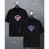 Newcabin.35 Yeni Sezon Oversize Geniş Kalıp Lilo ve Stitch Baskılı Sevgili Kombini Yazlık T-Shirt - Siyah - XL