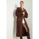 NEWCO Kadın Uzun Oversize Triko Hırka – Cepli, Kalın Dokulu, Şık ve Rahat Model - Kahverengi