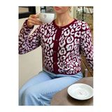 Newco Trend Moda Leopar Desen Bordo Crop Triko Örme Hırka - Bordo