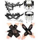 Newcotte 6 Adet Maskeli Balo Maskesi Seti Dahil 2 Dantel Maskeli Balo Maskesi Eyemask 2 Dantel Gerdanlık Kolye, Cadılar Bayramı Kostüm için 2 Dantel Eldiven, Siyah, adjustable