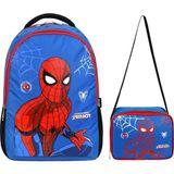 Newfull Örümcek Baskılı Erkek Sırt Okul Çantası-2'li Set (Yeni Sezon) - Boy: 40 cm / En: 28 cm / Derinlik: 16 cm - Mavi - Kırmızı