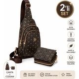 Newish Kadın Bej Deri Monogram Desenli Çapraz Bel Göğüs ve Omuz Çantası NEW218 - Kahverengi - Siyah