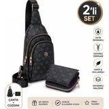 Newish Kadın Bej Deri Monogram Desenli Çapraz Bel Göğüs ve Omuz Çantası NEW218 - Siyah - Antrasit