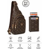 Newish Kadın Deri Monogram Desenli Çapraz Bel Göğüs ve Omuz Çantası NEW218 - Kahverengi - Acı Kahverengi