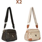 Newish Kadın Monogram Desenli Uzun Askılı Çapraz Omuz Çantası 2 Adet – Kahve - Bej Taba NEW361