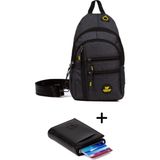 Newish Keten Kumaş USB Kulaklık Çıkışlı Göğüs Omuz Çantası ve Mekanizmalı Cüzdan Kartlık - Siyah - NEW122