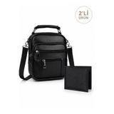 NEWISH POLO ACCESSORIES Erkek Siyah Çelik Kasalı Hakiki Deri El Ve Omuz Çantası Ayarlanabilir Askılı (Küçük Boy) ve Cüzdan