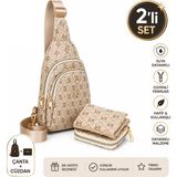 Newish Polo Kadın Bej Deri Monogram Desenli Çapraz Bel Göğüs ve Omuz Çantası NEWPOLO218 - Bej - Taba