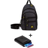 Newish Polo Keten Kumaş USB Kulaklık Çıkışlı Göğüs Omuz Çantası ve Mekanizmalı Cüzdan Kartlık - Siyah - NEWPOLO122 - Gri Siyah