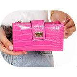 Newish Polo Telefon Bölmeli Klipsli Fermuarlı Portföy Cüzdan Orta Boy- Krokodil Suni Deri - Pembe