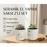 Newme 2’li Seramik Saksı / Dekoratif Kupa Seti Beyaz Siyah Desenli | Modern Dekoratif El Yapımı Tasarım - 10 cm