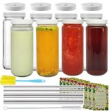 NEWMIAO 8 adet Cam Suyu Şişeleri Seti, 16oz/500ml Kapaklı ve Pipetli Yeniden Kullanılabilir Meyve Sıkma Şişeleri, Cam Su Bardakları Meyve Suyu Kapları Fırçalı İçme Kavanozları, Delikli Kapaklar,