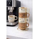 Newnow Coffee First 4’Lü Porselen Kupa Seti Metal Standlı | Desenli Kahve Kupaları | Modern & Şık Tasarım
