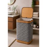 NEWNOW Zoya Kadife Kumaşlı Bambu Çamaşır Sepeti 40x30x60 cm – Kapaklı Büyük Kirli Sepeti
