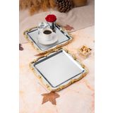 NEWTREND Züccaciye 2'li lüx Gold Gül Çerçeveli Gümüş Kare Nişan,Çeyiz,Kahve,Çay Sunum servis Tepsisi