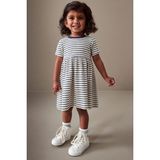 Next Baby % 100 Pamuklu Siyah Beyaz Çizgili Ribanalı Kısa Kollu Jarse Elbise - Beyaz - Siyah - 2 - 4 Yaş