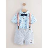 Next Baby Mavi Beyaz Baskılı Gömlek, Pantolon Askısı, Şort ve Papyon Alt ve Üst Takım - Çok Renkli