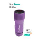 Next Power 52.5W Araç İçi Hızlı Şarj Aleti Type-C + Usb Güç Adaptörü Oto Çakmaklık - Mor