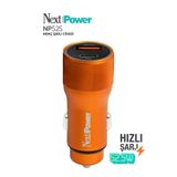 Next Power 52.5W Araç içi Hızlı Şarj Aleti Type-C + USB Güç Adaptörü Oto Çakmaklık - Turuncu