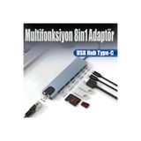 nextbuy 8in1 Type-C Hub Port Uyumlu Adaptör HDMI USB Kart Okuyucu Ethernet Pd Girişli Macbook Çevirici Gri