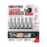 NEXTRA 6 Parça Manyetik Somun Lokma Seti 7-8-10-11-12-13 mm Matkap ve Şarjlı Vidalama Uyumlu