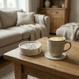 NEZİH Beyaz Bardak Altlığı Seti, Stantlı 5’li Dekoratif Çay ve Kahve Altlığı, Çalışma Masası, Sehpa ve Ofis Kullanımı İçin, Çap 10 cm (Beyaz)