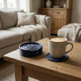 NEZİH Beyaz Bardak Altlığı Seti, Stantlı 5’li Dekoratif Çay ve Kahve Altlığı, Çalışma Masası, Sehpa ve Ofis Kullanımı İçin, Çap 10 cm (Lacivert)