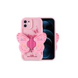 Nezih Case iPhone 12 ile Uyumlu Kamera Korumalı 3D Kelebek Figürlü Silikon Kılıf, Açık Pembe