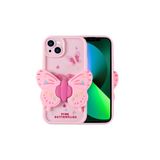 Nezih Case iPhone 14 ile Uyumlu Kamera Korumalı 3D Kelebek Figürlü Standlı Silikon Kılıf, Açık Pembe