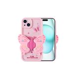 Nezih Case iPhone 15 ile Uyumlu Kamera Korumalı 3D Kelebek Figürlü Silikon Kılıf, Açık Pembe