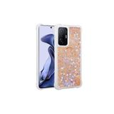 Nezih Case Xiaomi Mi 11T 5G ile Uyumlu Yüzüklü Standlı Sıvılı Simli Pullu Silikon Kılıf, Gold